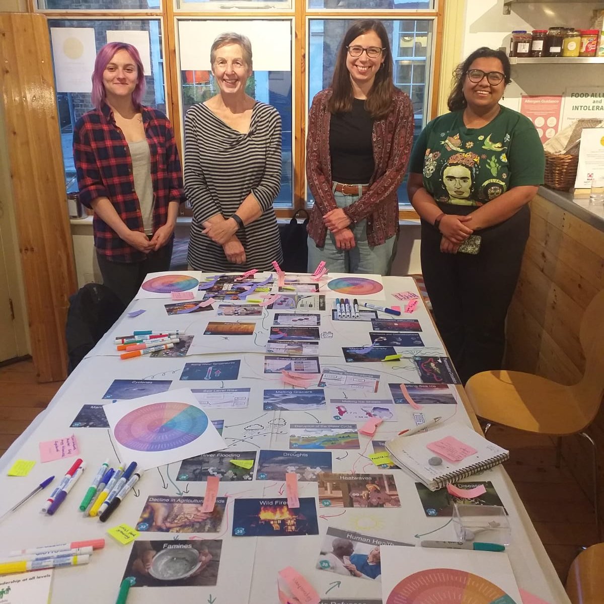 4 people standing behind a table having completed a Climate Fresk workshop