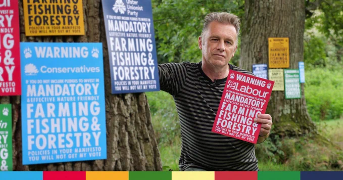 Chris Packham holding a series of coloured posters