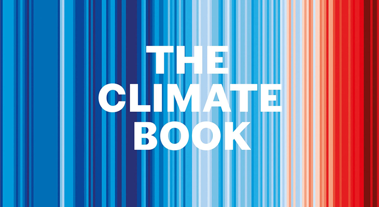 THE CLIMATE BOOK written on a background of global warming stripes