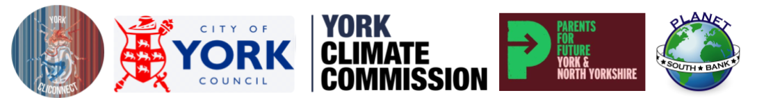 Logos of YorkCliConnect, City of York Council, York Climate Commission, Parents for Future & Planet South Bank