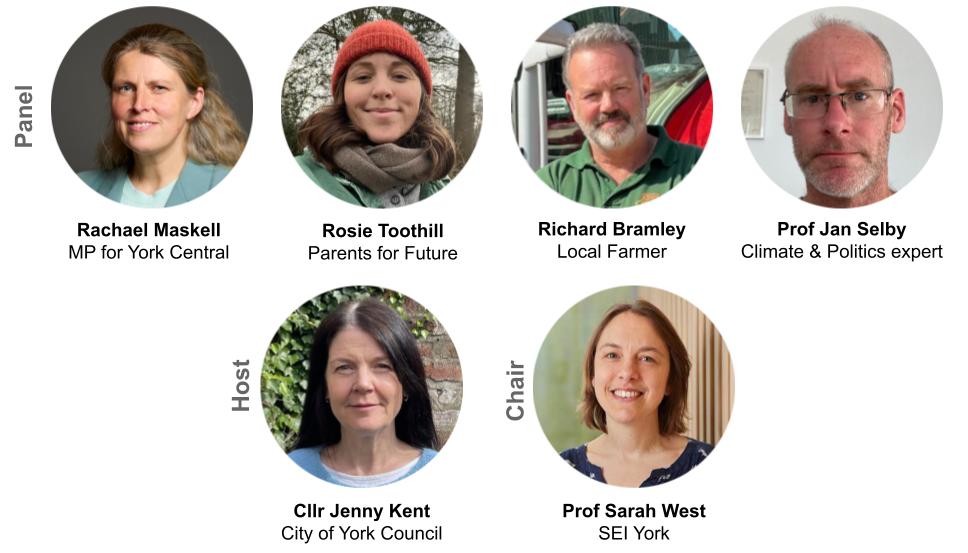 Sarah West as Chair (SEI), Rachael Maskell (MP for York Central), Rosie Toothill (Parents for Future), final panellist tba
